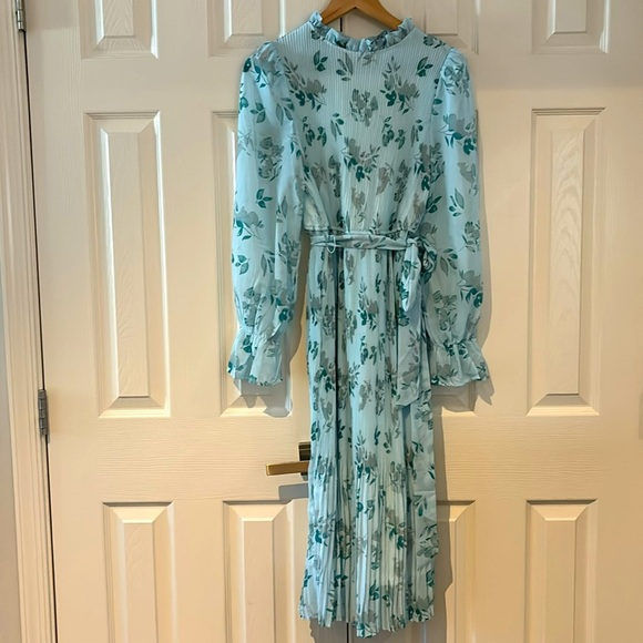 Women's Floral Midi Dress Puff Long Sleeve Ruffle A-Line Pleated Belted Dress - Picture 5 of 8